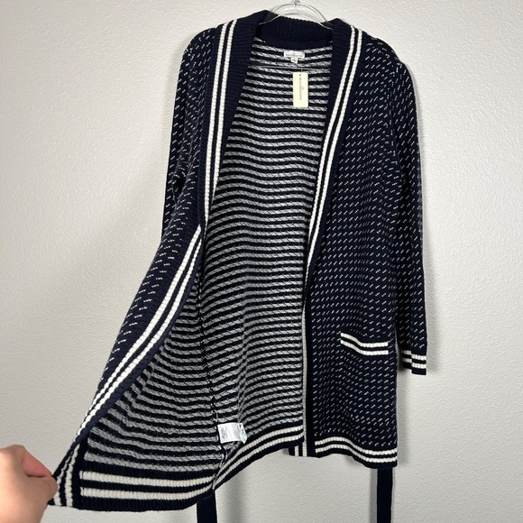LL Bean women size L signature wool blend long cardigan navy white belted NEW - Picture 11 of 15